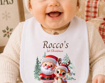 Personalized First Christmas Baby Bib, Santa Baby's 1st Christmas Outfit, Custom Christmas Bib, Reindeer Baby Bib, Holiday Baby Gift