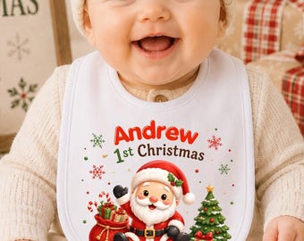 Personalized First Christmas Baby Bib, Santa Baby Bib, Custom Baby's 1st Christmas Bib, Personalized Holiday Baby Keepsake