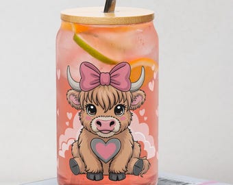 Personalized Highland Cow Glass Cup | Cute Cowgirl Iced Coffee Cup | Custom Name Pink Rainbow Can Cup | Bamboo Lid and Straw Gift for Her