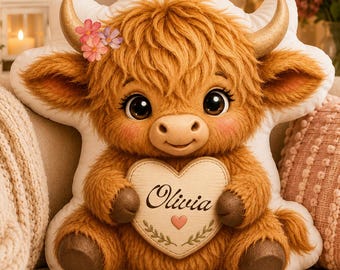 Personalized Highland Cow Shaped Pillow, Custom Cute Baby Cow Gift, Nursery Decor, Personalized Kids Pillow, Farm Animal Pillow