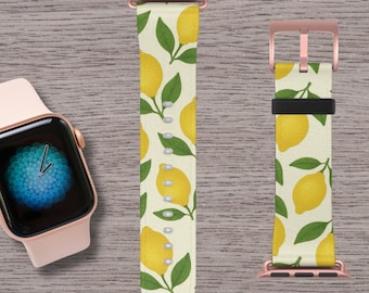 Lemon Apple Watch Band, Faux Leather Strap with Citrus and Leaves, Summer Fruit Design for Series 1-9 Ultra SE, 38-41mm 42-45mm