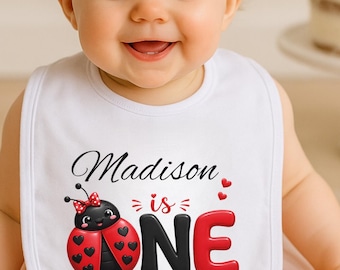 Personalized Ladybug 1st Birthday Bib, Girl First Birthday Outfit, Custom Name One Bib, Red Black Ladybug Birthday Gift