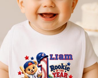 Personalized First Birthday Bib, Rookie of the Year Baseball Bib, 1st Birthday Boy Gift, Baseball Cake Smash Bib, Custom Baby Bib