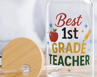 Best 1st Grade Teacher Gift, Teacher Appreciation Can Glass Cup, Personalized Bamboo Lid Cup, End of Year or Christmas Gift for Teachers