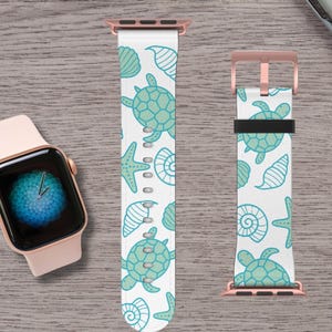 Beach Vibes Apple Watch Band Faux Leather, Ocean Life Design, Summer Accessory for Series 1-9, 38mm-45mm, Sea Turtle Seashell Design