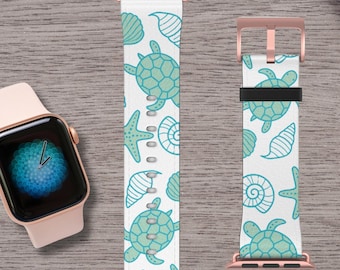 Beach Vibes Apple Watch Band Faux Leather, Ocean Life Design, Summer Accessory for Series 1-9, 38mm-45mm, Sea Turtle Seashell Design