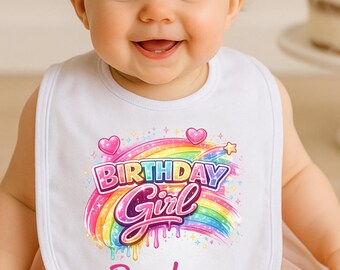 Personalized Rainbow Birthday Bib, Birthday Girl Baby Bib, Custom Name Cake Smash Bib, Colorful First Birthday Outfit, Baby Shower Gift