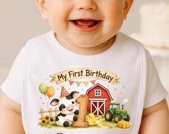 Personalized Farm First Birthday Bib, Custom Baby's 1st Birthday Outfit, Farm Animal Birthday Keepsake Gift, Barnyard Cake Smash Bib