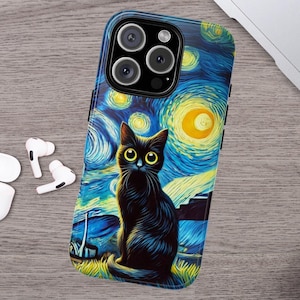 Van Gogh Phone Case Black Cat Phone Case Cat Mom Gift iPhone 15 14 13 12 11 X Pro Max Mini Samsung Galaxy Ultra Plus Google Pixel Tough Case