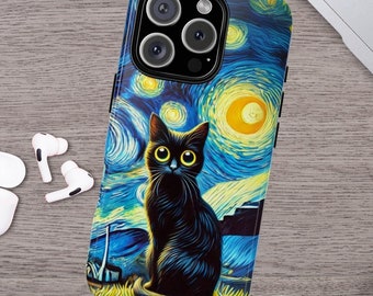 Van Gogh Phone Case Black Cat Phone Case Cat Mom Gift iPhone 15 14 13 12 11 X Pro Max Mini Samsung Galaxy Ultra Plus Google Pixel Tough Case