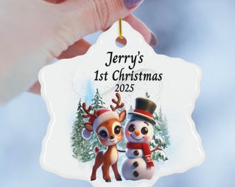Babys 1st Christmas Ornament | Personalized Reindeer and Snowman Tree Decor | First Christmas Gift for Baby Boy | Cute Holiday Keepsake