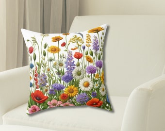 Wildflower Pillow Decorative, Botanical Floral Pillow Case and Insert, Boho Flower 20x20 18x18 16x16 14x14 Throw Housewarming Gift