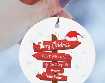 Personalized Christmas Ornament, Custom Name New Year Keepsake, Handmade Ceramic Holiday Gift, Festive Signpost Tree Decoration