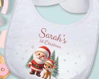 Baby’s First Christmas Bib | Santa & Reindeer | Personalized Holiday Bib | Custom Name Bib for Baby Girl or Boy | 1st Christmas Keepsake