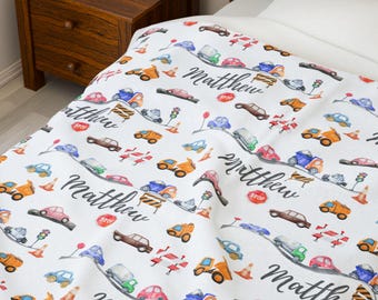Personalized Car and Truck Blanket for Boys, Custom Name Construction Blanket, Toddler Gift Kids Vehicle Theme Plush Throw, Baby Shower Gift