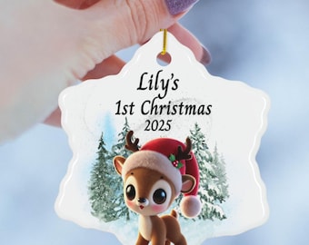 Babys 1st Christmas Ornament | Personalized Reindeer Tree Decor | First Christmas Gift for Baby | Cute Snowflake Holiday Keepsake