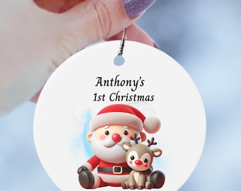 Santa and Reindeer Ornament | Personalized Christmas Ornament | Cute Holiday Keepsake Tree Decor | Santa Claus Collectible | Festive Gift