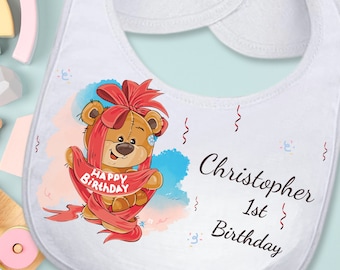 Birthday Bear Custom Absorbent Bib 1st Birthday for Baby with 12oz Sippy Cup Gift Set, Personalized Cute Teddy Bear Drool Bib Toddler Gift