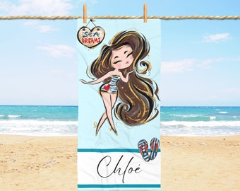 Personalized Beach Towel, Custom Pin-Up Girl Towel with Name & Hair Color, Sea Ocean Nautical Towel, Cute Summer Gift for Her Pool Accessory