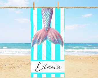 Personalized Mermaid Tail Beach Towel, Custom Nautical Name Towel, Striped Summer Pool Gift for Girls or Teens, Unique Birthday Gift