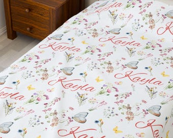 Butterfly Baby Name Blanket, Personalized Floral Throw, Custom Girl Wildflower Cover, Baby Shower Gift, Toddler Blanket Soft Daycare Bedding