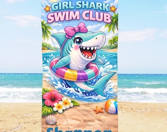 Personalized Girls Beach Towel with Name, Cute Shark Pool Towel for Kids, Custom Summer Vacation Gift, Fun Swim Towel for Girls and Toddlers