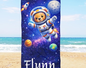 Personalized Kids Beach Towel with Name, Teddy Space Explorer Astronaut Boys Gift, Custom Galaxy Summer Pool Essential, Toddler Swim Blanket