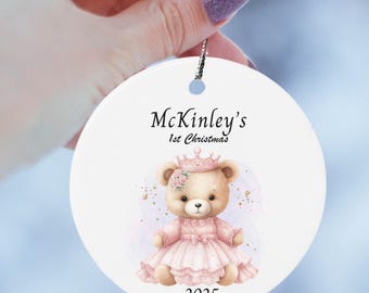 Baby’s 1st Christmas Ornament | Personalized Pink Teddy Bear Ornament | Custom Name Ornament 2025 | New Baby Gift | Ceramic Keepsake