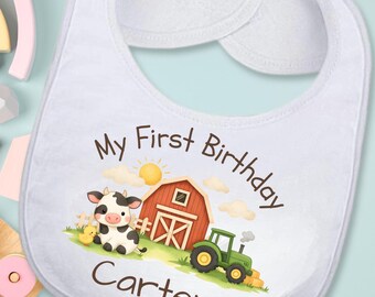 Custom Baby Bib for First Birthday | Farm Animal Cake Smash Bib | Barnyard Party Cow Tractor Bib | Personalized Baby Boy Girl Gift