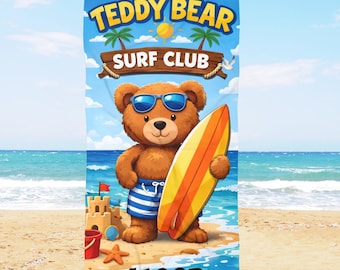 Personalized Kids Beach Towel with Name, Teddy Bear Surf Club Pool Towel, Custom Summer Vacation Gift for Boys, Cute Toddler Swim Towel