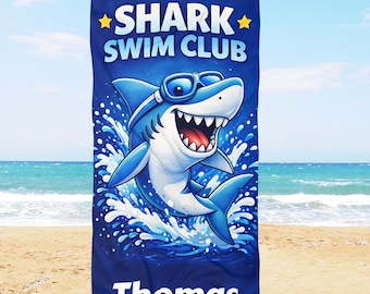 Personalized Kids Beach Towel with Name, Cute Shark Pool Towel for Boys, Custom Summer Vacation Gift, Fun Swim Towel for Toddlers and Kids