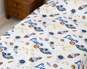 Personalized Space Blanket, Custom Name Rocketship Throw, Galaxy Baby Blanket, Astronaut Toddler Blanket, Outer Space Nursery Planet Decor