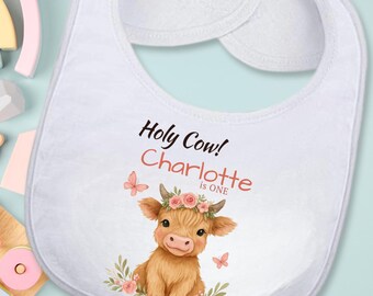 Holy Cow 1st Birthday Bib | Girl Farm Birthday Bib | Highland Cow Personalized Baby Bib | Pink Cowgirl Bib for Cake Smash or Party Outfit