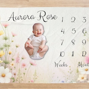 Wildflower Milestone Blanket for Baby Shower Gift, Personalized Wildflower Baby Girl Milestone Blanket, Custom Monthly Milestone Baby Gift