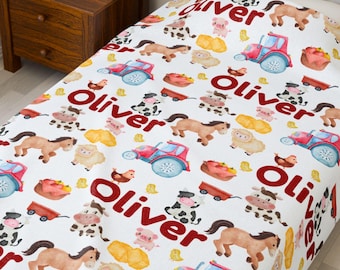 Farm Animal Blanket, Baby Boy Gift, Custom Name Blanket, Toddler Bedding, Horse Cow Pig Theme, Barnyard Nursery Decor, Personalized Throw