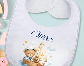 Nautical Baby Bib with Sailor Bear | Personalized Infant Bib for Baby Boy | Ocean Theme Baby Shower Gift | First Birthday Photo Prop