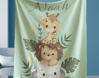 Safari Baby Blanket Personalized baby Shower Gift Name Baby Blanket Jungle Baby Blanket  Safari Nursery Decor Plush Blanket Animal Blanket