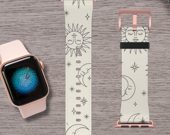 Boho Sun and Moon Apple Watch Band, Faux Leather Celestial Strap with Stars, Mystical Minimal Watch Band for Series 1-9 Ultra SE, 38-45mm