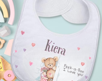 Bear Baby Bib Personalized with Name New Baby Gift Sippy Cup Gift Set Peek-a-Boo Teddy Bear Gift Set Toddler Cup First Birthday Valentine