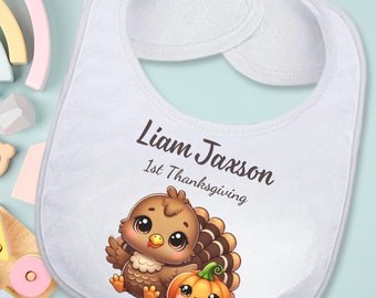 Baby’s First Thanksgiving Bib | Personalized Turkey & Pumpkin Baby Bib | Fall Holiday Outfit | Custom Name Bib for Baby Boy or Girl