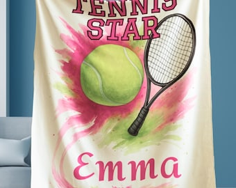 Personalized Tennis Blanket for Girls | Tennis Star Custom Name Gift | Watercolor Sports Throw | Kids Tennis Room Decor | Athlete Blanket