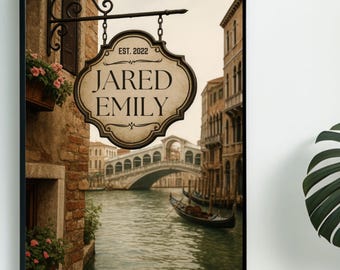 Venice Street Sign Wall Art, Editable Canva Template, Rialto Bridge Name Sign, Italian Wedding Gift EST Year Digital Download, Gondola Decor