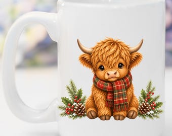 Personalized Highland Cow Christmas Mug, Custom Name Coffee Mug, Cute Highland Cow Mug, Cozy 11oz 15oz Holiday Coffee Cup, Cow Lover Gift