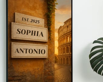 Rome Street Sign Wall Art, Editable Canva Template, Custom Marble Name Sign, Italian Wedding Gift, EST Year Digital Download Colosseum Print