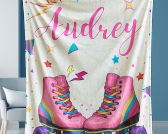 Personalized Roller Skate Blanket, Skater Girl Birthday Gift, Retro 90s Theme Throw, Tween Custom Name Gift, Pink Cozy Throw
