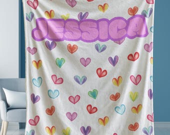 Personalized Rainbow Heart Blanket for Girls, Custom Name Blanket, Colorful Minky Velveteen Throw, Cute Tween Gift, Bright Bedroom Decor