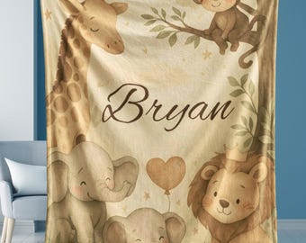 Safari Baby Blanket Personalized Jungle Animal Blanket for Boys or Girls, Custom Name Blanket Baby Shower Gift, Neutral Nursery Decor