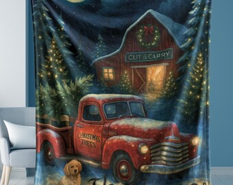 Christmas Tree Blanket | Personalized Holiday Cover | Cozy Winter Farmhouse Decor | Custom Family Name Throw | Vintage Red Truck Blanket