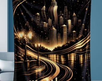 Personalized Art Deco City Blanket | Masculine Skyline Throw | Custom Name Black Gold Decor | Luxury Modern Vintage Plush Blanket