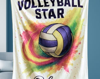 Personalized Volleyball Blanket for Girls | Volleyball Star Custom Name Gift | Watercolor Sports Throw | Kids Athlete Room Decor